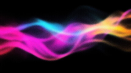 Grain noise texture Vivid wave abstract, blurry ribbons of pink, blue, yellow on black