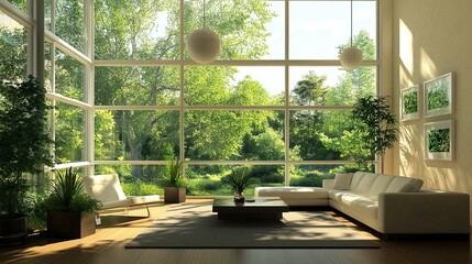 Sophisticated living room with expansive glass windows connecting to the outdoors, clean-lined furniture, and greenery-filled plant arrangements enhancing the modern aesthetic 