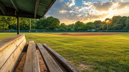 A baseball dugout overlooks a field bathed in golden sunlight, with shadows stretching across the lush outfield