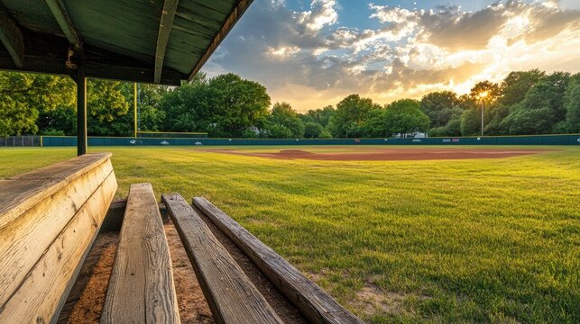 A baseball dugout overlooks a field bathed in golden sunlight, with shadows stretching across the lush outfield