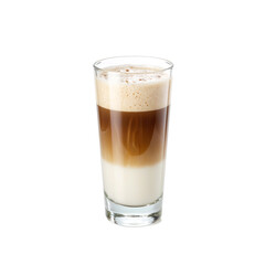 Close up of a layered latte in a transparent glass showcasing rich espresso and frothy steamed milk Perfect for coffee lovers