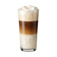 Close up of a layered latte in a transparent glass showcasing rich espresso and frothy steamed milk Perfect for coffee lovers