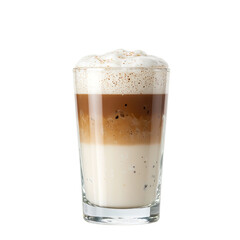 Close up of a layered latte in a transparent glass showcasing rich espresso and frothy steamed milk Perfect for coffee lovers