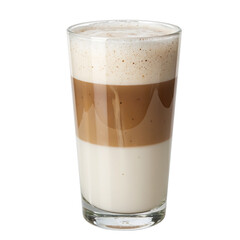 Close up of a layered latte in a transparent glass showcasing rich espresso and frothy steamed milk Perfect for coffee lovers