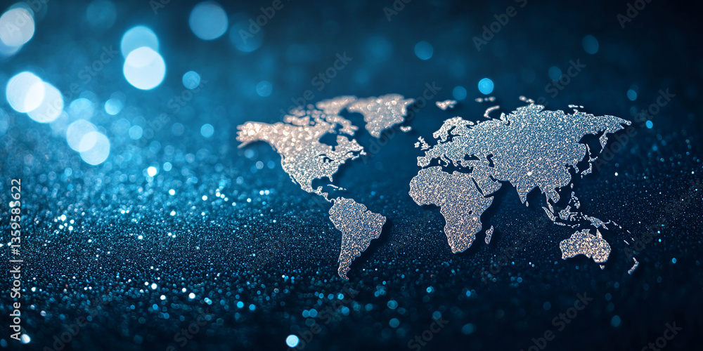 Poster glittery world map on a dark blue sparkling background, showcasing global connectivity and internati