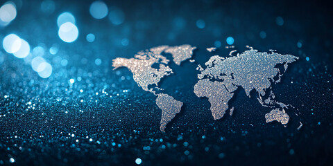 Glittery world map on a dark blue sparkling background, showcasing global connectivity and international business opportunities, ideal for travel or corporate themes