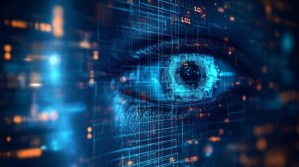 Digital eye: human-computer interface portrayed with a digital overlay of binary code and circuit patterns