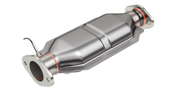 Cross section and assembly of catalytic converter animation - 3D animation isolated on white background
