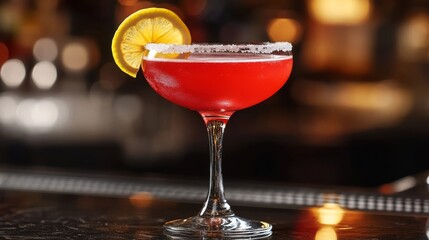 a vibrant cosmopolitan cocktail with sugar rim and lemon slice on a dark