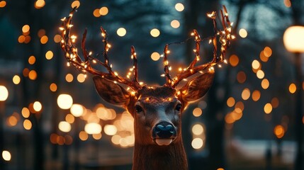 festive deer adorned with shimmering lights against a bokeh background during evening