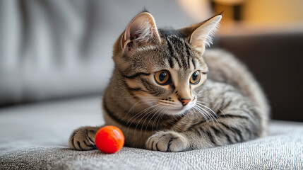 Curious tabby cat on cushion, gazing at a small toy, surrounded by soft textures and warm light.