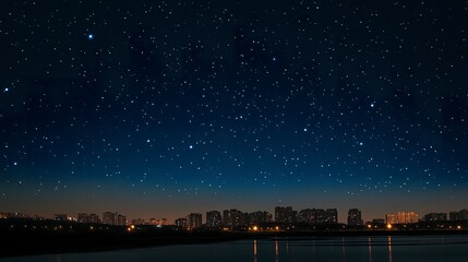 Stars glittering over an illuminated city skyline, skyscrapers glowing softly, celestial spectacle blending with modern urbanity, clear night sky 