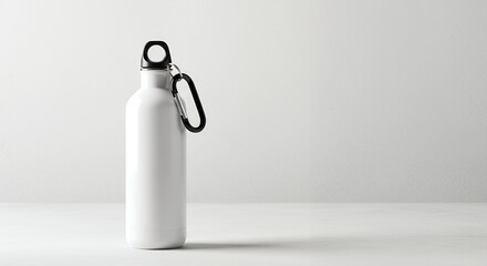 Blank White Aluminum Water Bottle Mockup with Carabiner for Branding and Design Presentation