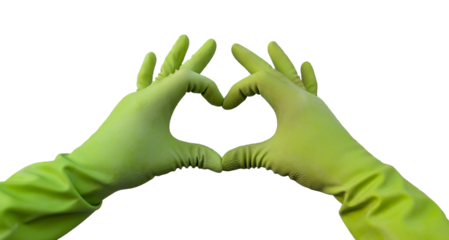 Hands in green rubber gloves make a heart shape, isolated background, png. Care and cleanliness home and garden concept. Spring washing