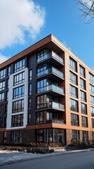 A striking urban structure rises with large windows and wooden accents, capturing the essence of modern living. The place reflects a lively atmosphere, perfect for city dwellers