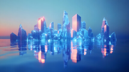Abstract polygonal city with reflections on blue background. Technology and social innovation concept