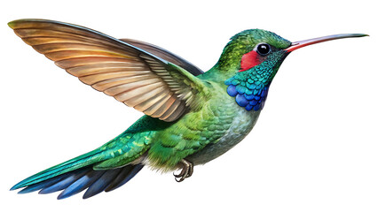 Fototapeta premium Colorful hummingbird in flight with vibrant feathers on a white background
