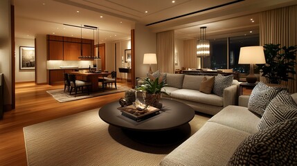 Stylish living room design with warm hardwood flooring, a contemporary sofa, and subtle decorative accents, creating a balanced modern interior. 