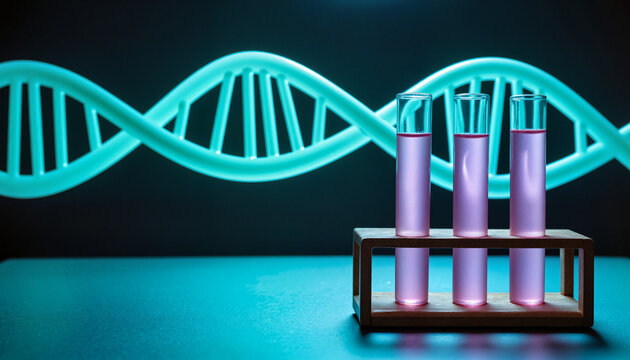 Test tubes with gradient pink liquid in wooden rack, digital gene map in background, innovation in genetic medicine