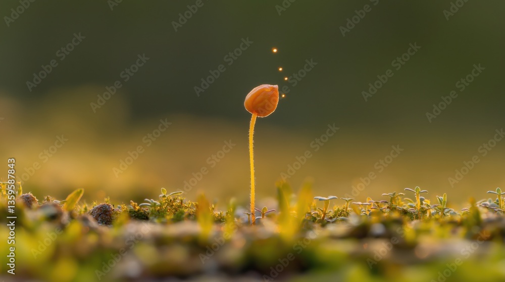 Poster macro view of a sprouting plant with soft light particles against a natural background