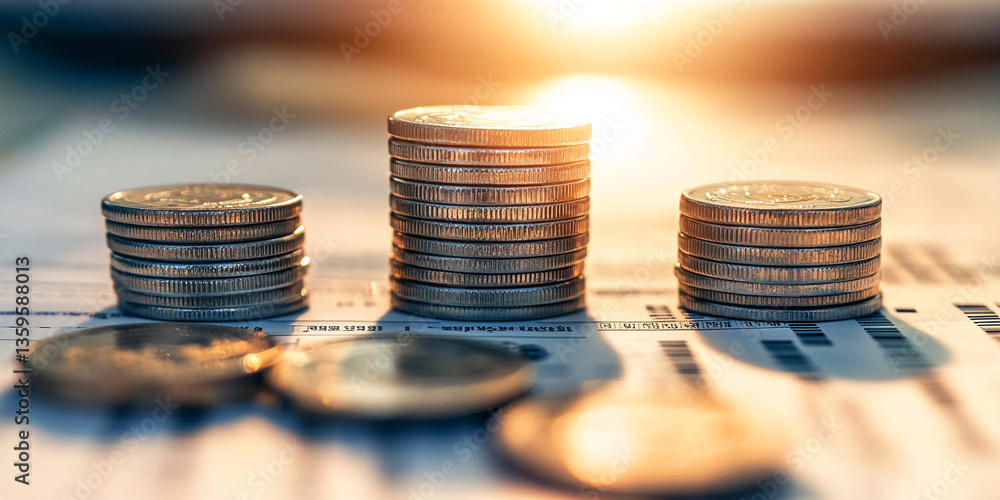 Poster Three stacks of coins of increasing height on a document, illuminated by warm light, symbolizing growth, savings, or financial success