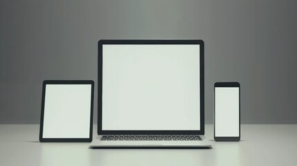 Digital devices displayed on a solid surface modern technology showcase minimalist environment front view