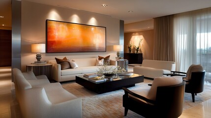Stylish modern living room featuring sleek furnishings, a neutral palette, and subtle lighting accents, with abstract decor adding a contemporary edge. 