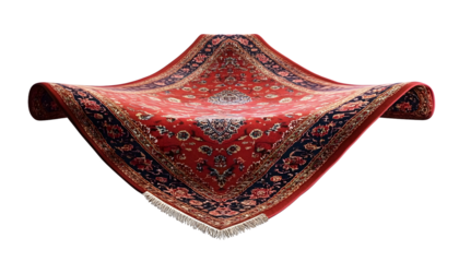 Red flying magic carpet with oriental ornament on transparent background. Woven silk rug hovers mid-air. Ornate arabian textile from fairy tale, fantasy, luxury lifestyle with history.