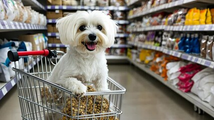 A small white dog enjoys a shopping adventure in a pet supply store, happily seated in a cart filled with dog treats