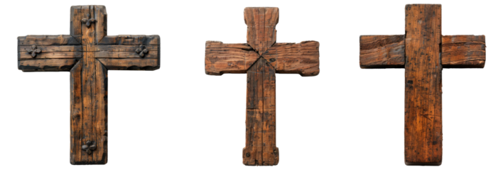 Three different old wooden christs isolated on white or transparent background png. Symbol of faith and christianity.