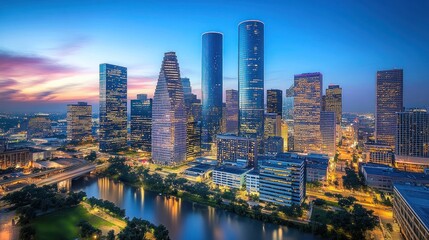 Obraz premium Serene Houston skyline at dusk illuminating the cityscape with vibrant glow