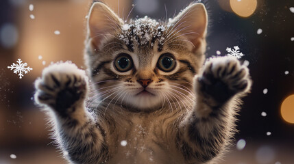 Cute cat in the snow, cozy winter wonderland, Generative AI