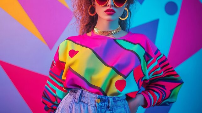 vibrant 80s fashion with bold patterns and retro accessories against a geometric backdrop