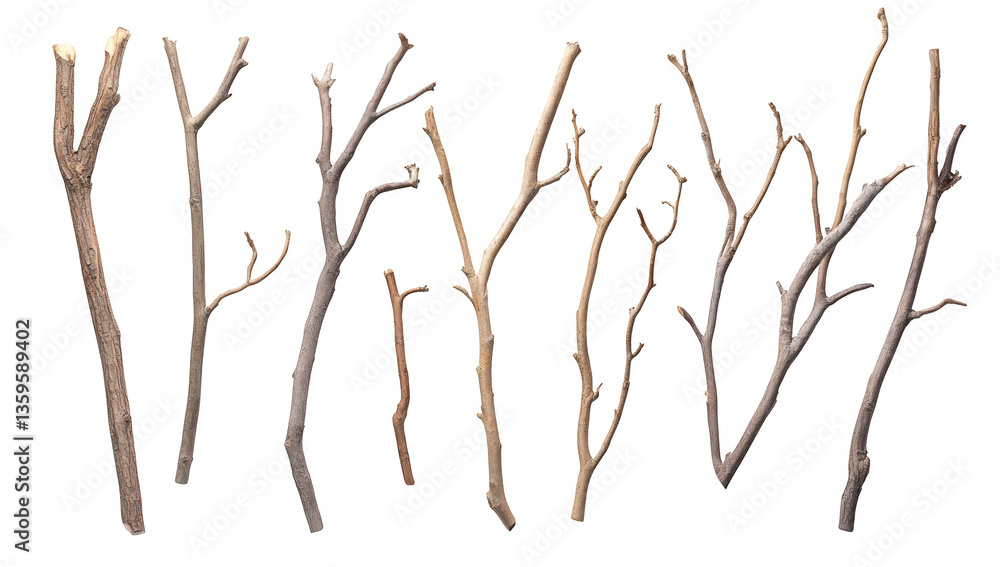 Poster various twigs arranged on a white background showcasing different shapes and sizes possibly for arti