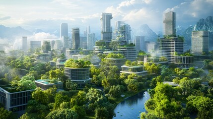 Sustainable futuristic cityscape, lush greenery thriving on modern architecture, renewable energy sources throughout, expansive parks in the foreground 