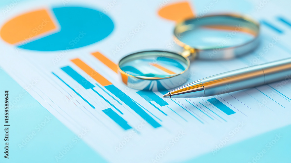 Poster close-up of business documents with bar and pie charts, magnifying glass, and pen, showcasing data a