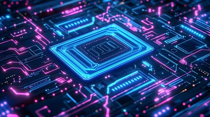Glowing futuristic computer circuit board design with intricate neon patterns