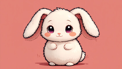 Cute Fluffy White Rabbit Cartoon Character on Pink Background Illustration