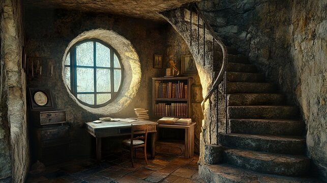 Tower room in a castle with narrow windows, circular stone walls, a small writing desk, and a spiral staircase winding upward, evoking a sense of mystery.  