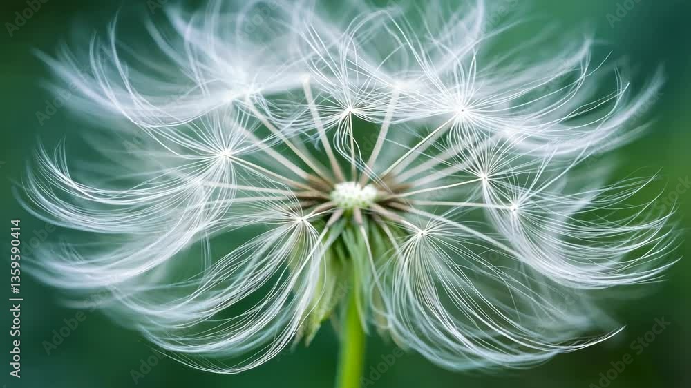 Poster close-up view of a dandelion seed head on a spring day in a lush green field
