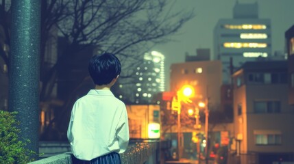 Obraz premium Nostalgic Tokyo Night Boy in School Uniform Cityscape View