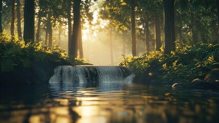 Sun-Kissed Cascade, Forest Stream with Tranquil Reflections and Golden Light