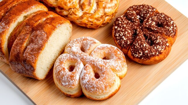 Variety of colorful doughs arranged on a wooden cutting board ready for baking traditional mexican concha bread