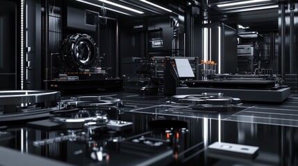 Fototapeta premium A high-tech rubber processing lab, featuring compact yet powerful machinery, presented in a sleek black matte environment