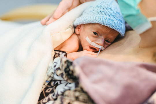 Premature newborn during skin-to-skin contact with mother