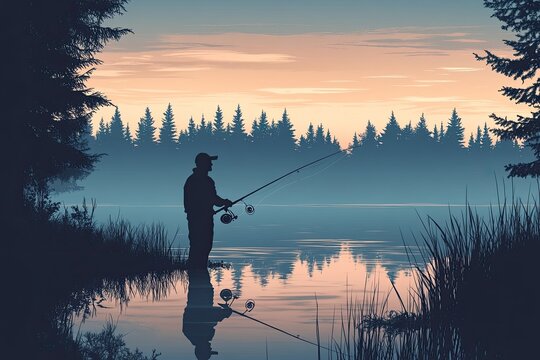 Tranquil fishing scene at dawn. A solitary angler casts a fishing rod into a calm lake reflecting the sunrise. Lush forest surrounds the tranquil water
