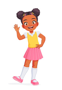Happy African American school girl waving hand. Cartoon vector illustration.