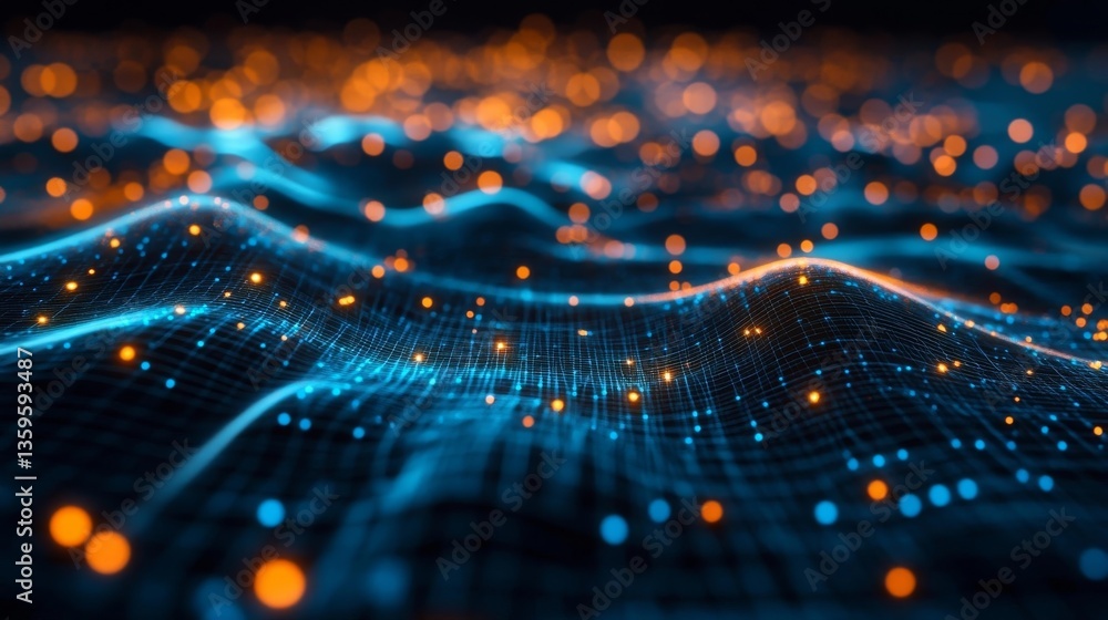 Poster abstract digital landscape of connected dots in orange and blue creating a sense of depth