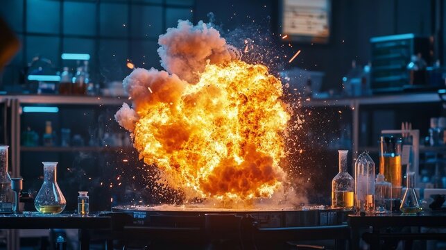 Dramatic depiction of a chemical lab explosion capturing the intensity of the moment. 