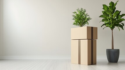 Green plant carefully packed inside a cardboard box ready for moving to a new home with moving announcement